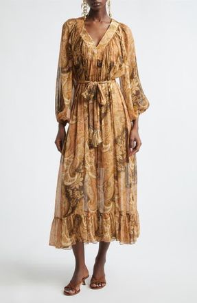 Zimmermann Kindred Spirit Carousel Long Sleeve Batwing Silk Blend Midi Dress in Biscuit Paisley at Nordstrom, Size 0P