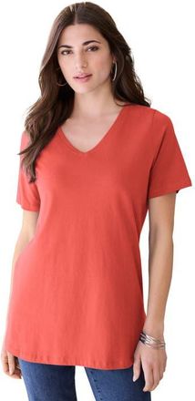 Roaman's Plus Size Cotton Ultimate V Neck Tee in Sunset Coral at Nordstrom, Size Medium