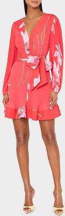 Milly Liv Floral Long Sleeve Pleated Minidress in Red Multi at Nordstrom, Size 0