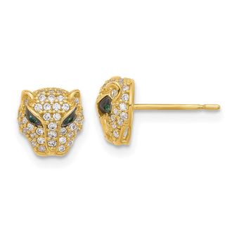 Diamond2Deal 10K Yellow Gold White & Green CZ Lioness Head Stud Earrings