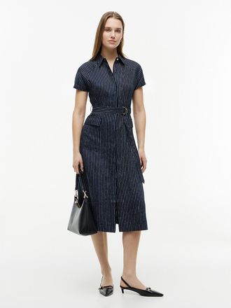 Tommy Hilfiger Womens Striped Linen-Blend Dress - Pin Stripe Navy - 10