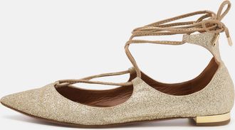 Aquazzura Metallic Gold Glitter Christy Lace Up Pointed Toe Ballet Flats