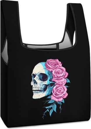 Generic Transgender Trans Skull Roses Reusable Shopping Bags Lightweight Foldable Grocery Bag Polyester Washable Tote Bag