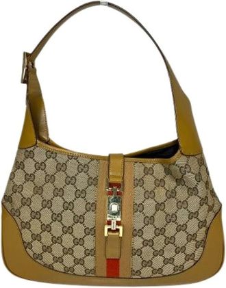 Gucci Pre-owned Shoulder Bags, female, Brown, Size: ONE SIZE Pre-owned Jackie Canvas Leather Shoulder Bag