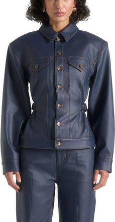 Mani&egrave;re De Voir Karla Wax Effect Cinch Waist Jacket in Indigo at Nordstrom, Size 10