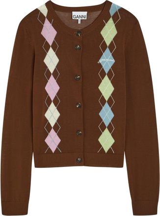 Ganni Argyle Cotton Cardigan - Brown - S (UK8-10 / S)