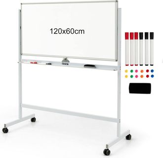 Costway Costway - Pizarra Blanca M&oacute;vil Magn&eacute;tica Doble Cara 120 X 60 Cm/pizarra De Borrado En Seco Soporte Ajustable, 6 Marcadores, 12 Imanes Y 1 Borrador (bl