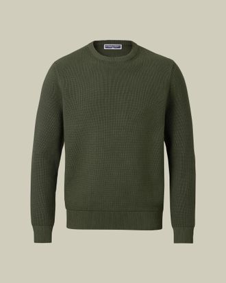 CHARLES TYRWHITT Cotton Rib Crew Neck Jumper - Olive Size Large by Charles Tyrwhitt