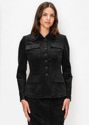YAL New York Black Button Front Jacket in Soft Faux Suede