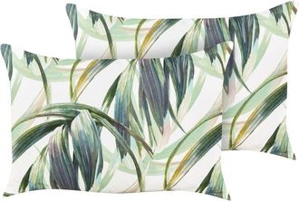 Beliani Conjunto De 2 Cojines De Jard&iacute;n Almohada De Exterior 40 X 60 Cm Poli&eacute;ster Motivo Hojas Blanco Y Verde Calderina