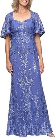 Alex Evenings Sequin Embroidered Mesh Gown in Cornflower at Nordstrom, Size 14