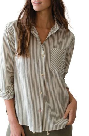 Marine Layer Jane California Relaxed Stripe Cotton Poplin Button-Up Shirt in Olive Stripe at Nordstrom, Size X-Small