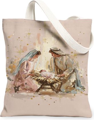 Generic Christmas Nativity Canvas Tote Bags, Vintage Artistic Design Lightweight Washable Shoulder Strap Canvas Bags for Holiday Shopping, Outdoor Travel, Bea