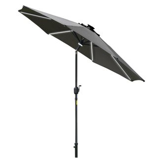OUTSUNNY 2.7m Garden Parasol Summer Shelter w/ LED Solar Light Crank Tilt Grey | TJ Hughes