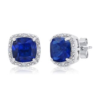MAX + STONE Sterling Silver 7mm Cushion Cut Gemstone Stud Earrings with Diamond Accent Halo