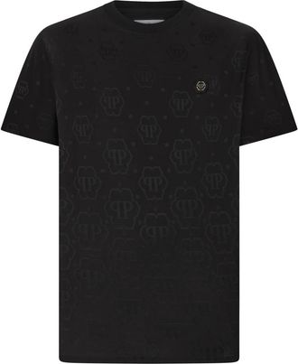 Philipp Plein Round Neck T-Shirt Jacquard Tennis Monogram - Heren - T-shirts - Zwart - 2XL - Tops