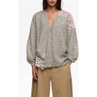 Bimba & Lola Long Lace Knit Cardigan in Light Grey at Nordstrom, Size Small Eu
