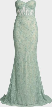 Mac Duggal Embellished Floral Lace Sweetheart Gown