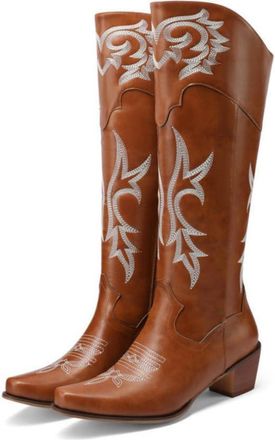 Generic Embroidery Detail Chunky Heel Boots - Retro Western Riding Style in a Comfortable Knee High Design,Orange,6.5 UK