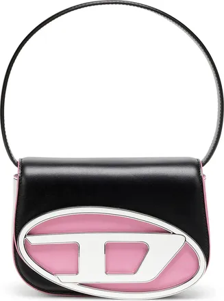 Diesel Rectangular Black Shoulder Bag With Silver Emblem And Pink Accents