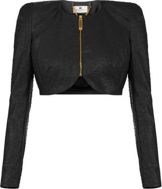 Elisabetta Franchi Jassen, Dames, Zwart, S, Leer, Jas met struisvogelprint