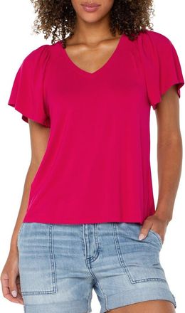 Liverpool L.A. V-Neck Flutter Sleeve Jersey Top in Cerise at Nordstrom, Size X-Small