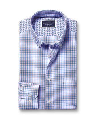 CHARLES TYRWHITT Button-Down Collar Non-Iron Stretch Poplin Mini Gingham Cotton Shirt - Lilac Purple & Blue Size Medium by Charles Tyrwhitt