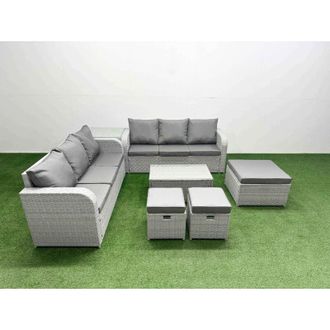 Fimous Outdoor Garden Furniture Sets 9 Seater Wicker Rattan Furniture Sofa Sets with Rectangular Coffee Table high Back Lounge Sofa 3 Stools 2 Side Table