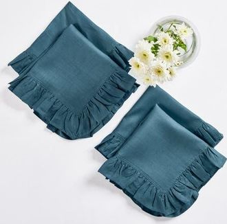 Solino Home Linen Dinner Napkins Set of 4, 20 x 20 Inch for Dining Table, Holiday and Everyday Table Decor - Gabrielle Ruffle in Peacock Blue at
