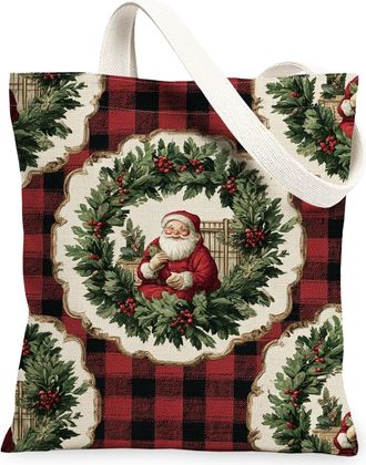 Generic Christmas Canvas Tote Bags, Holiday Wreath Pattern Reusable Shopping Bags, Vintage Lightweight Washable Shoulder Strap Canv, Red, 13x15 Inch