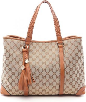 Gucci Beige Brown Canvas Leather Handbag Tote Bag (Pre-Owned)
