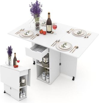 Costway Mesa De Comedor Plegable Con 2 Ruedas, Mesa Abatible Multifoncional Con Estante De 2 Niveles, Caj&oacute;n Grande Y Amplio Tablero, Mesa Consola Plegable Ver