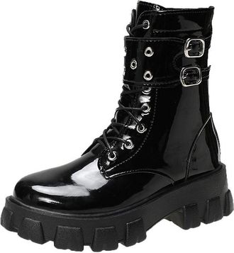 Generic Womens Ankle Boots Waterproof Platform Black Gothic Chunky Heel Round Toe Booties for Women Slip On Combat Boots Wedge with Bat Wing Buckle Strap Lace