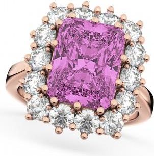Allurez Emerald Cut Lab Pink Sapphire & Diamond Lady Di Ring 14k Rose Gold (5.68ct)
