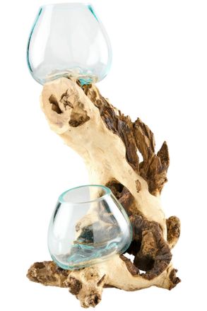 Ambia Home Vase, Klar, Ecru, Holz, Glas, Recyclingholz, massiv, oval, 25x40x23 cm, Handmade in Indonesia, mundgeblasen, handgemacht, auch f&uuml;r frische Blumen geei