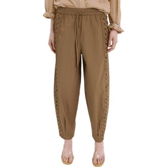 Mango Embroidered Side Stripe Cotton Drawstring Pants in Khaki at Nordstrom, Size X-Small