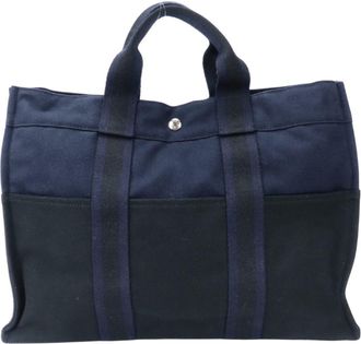 Herm&egrave;s Black Navy Canvas Tote Bag (Pre-Owned)