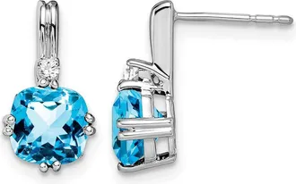 Diamond2Deal 10k White Gold Cushion Blue Topaz and Diamond Earrings