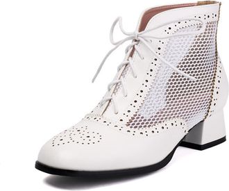 Generic Womens Lace Up Ankle Booties Brogue Perforated Round Toe Low Chunky Heel Mesh Panel Cushioned Insole Breathable Comfortable Dance Shoes,White,7.5 UK