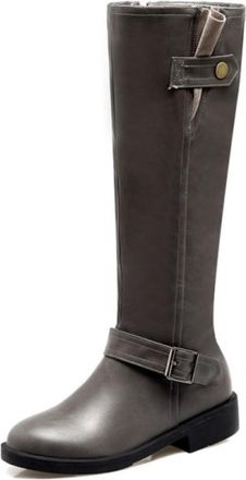 Generic Womens Flat Heel Knee-High Riding Boots with Buckle for Casual Everyday,Gray,3.5 UK