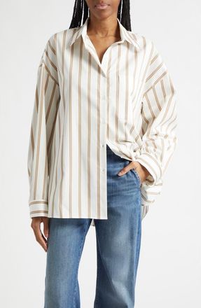 TWP Something Borrowed Stripe Cotton Button-Up Shirt in White /Khaki at Nordstrom, Size X-Small