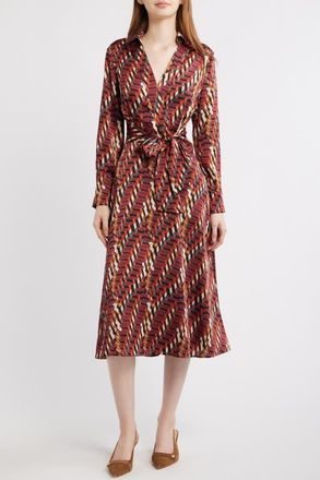 Tahari by ASL Geo Print Long Sleeve Midi Shirtdress in Cranberry Multi at Nordstrom, Size 10