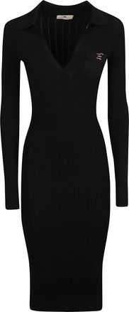 Elisabetta Franchi Fitted Long Sleeve Midi Dress with Deep V-Neck and Emblem Detail