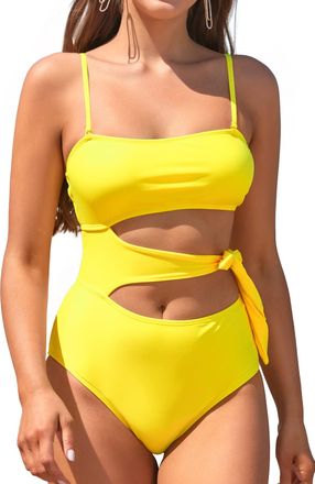 SHEKINI Womens One Piece High Cut Tie Bathing Suit Swimsuit Padded Monokini Lemon Yellow