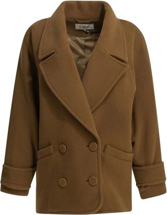 Chlo&eacute; Cappotto corto doppiopetto in lana a spina di pesce - - Coats - Donna - Marrone - S