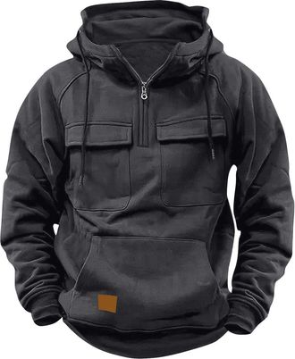 Generic Military Sweatshirt Men, Tactical Hoodies for Men UK 1/4 Zip Sweatshirt with Hood Pullover Hoodies Casual Hoody with Multi Pockets Windbreaker Solid C