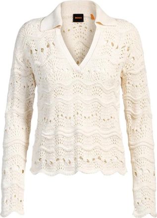 HUGO BOSS Openwork Trui met Johnny Kraag - Dames - V-hals truien - Wit - S - Katoen - Truien & Vesten