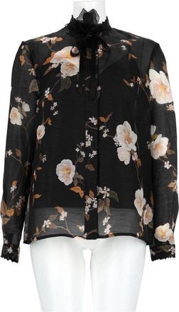 Zimmermann Black Floral Printed Ruffled Linen-Silk Blouse