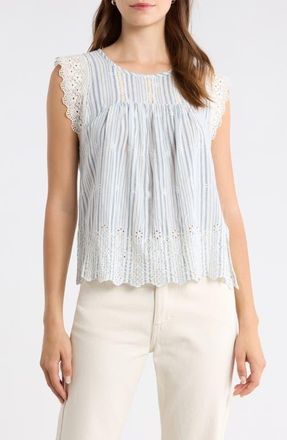 Lucky Brand Lace & Embroidery Detail Stripe Cotton & Linen Top in Blue Stripe at Nordstrom, Size Xx-Large