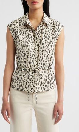 Wit & Wisdom Animal Spot Cap Sleeve Cotton Peplum Top in Black/Cream at Nordstrom Rack, Size X-Large